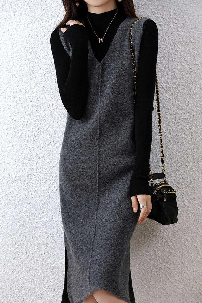 namcoverse V Neck Solid Color Wool Tank Dress