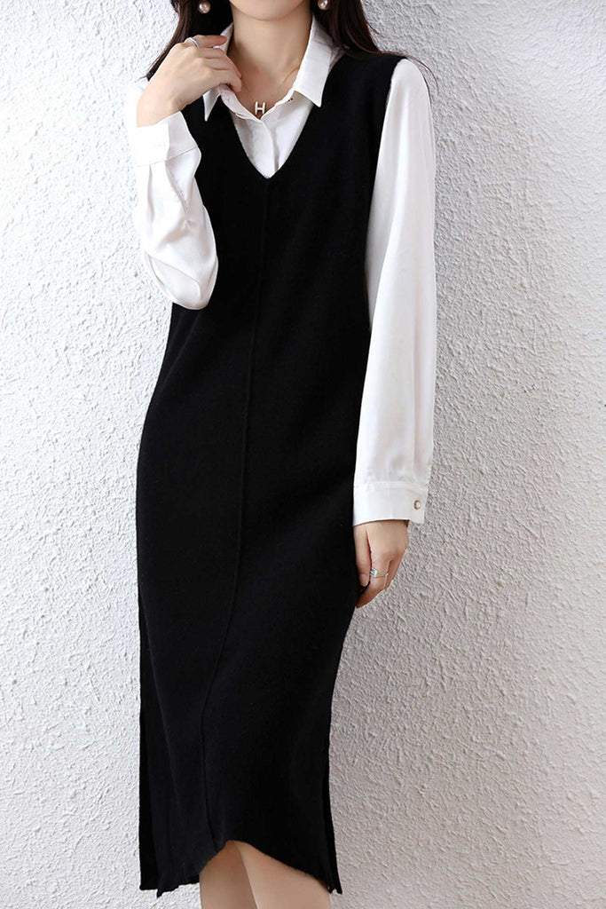 namcoverse V Neck Solid Color Wool Tank Dress
