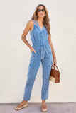 namcoverse V Neck Tie-waist Pocketed Denim Jumpsuits