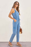 namcoverse V Neck Tie-waist Pocketed Denim Jumpsuits