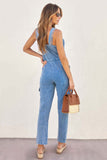 namcoverse V Neck Tie-waist Pocketed Denim Jumpsuits