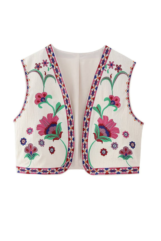 namcoverse Vintage Floral Embroidery Open Front Vest