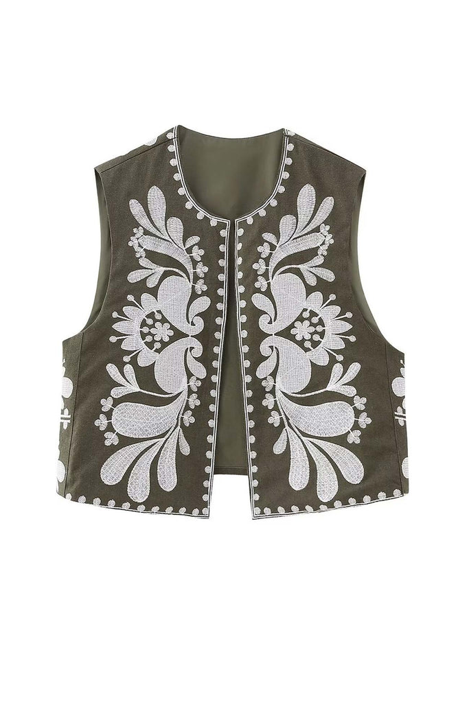 namcoverse Vintage Floral Embroidery Open Front Vest
