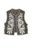 namcoverse Vintage Floral Embroidery Open Front Vest