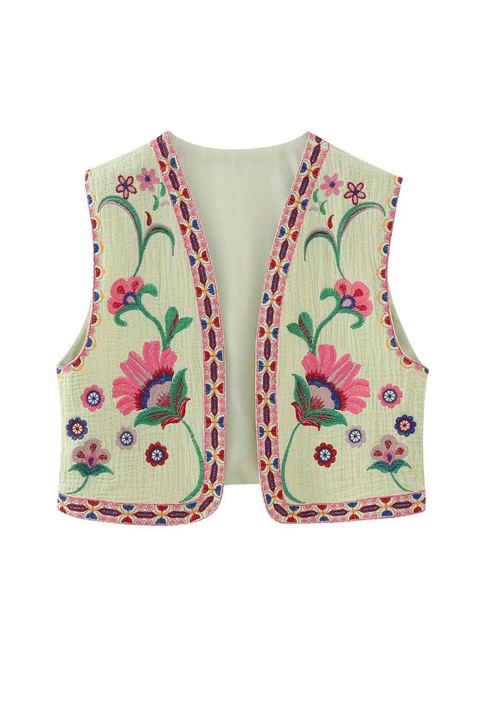 namcoverse Vintage Floral Embroidery Open Front Vest