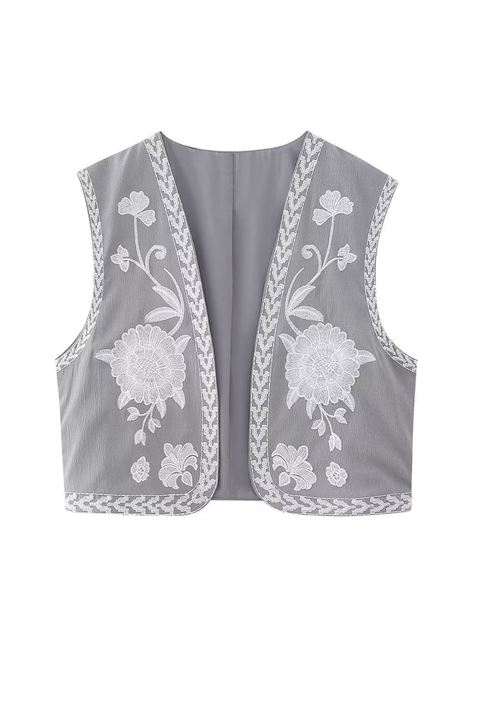 namcoverse Vintage Floral Embroidery Open Front Vest