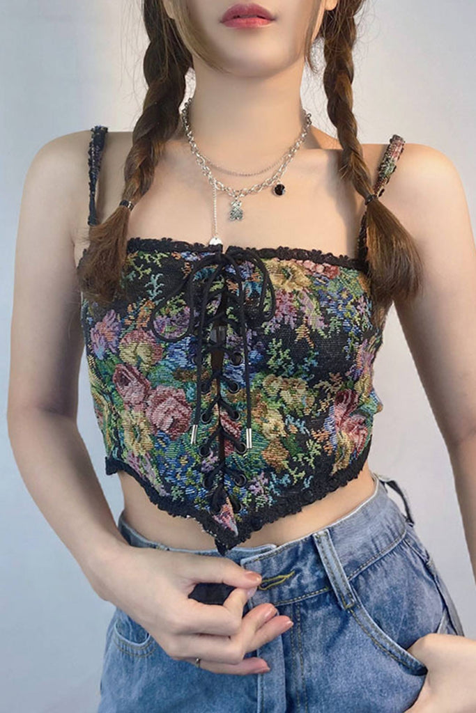 namcoverse Vintage-print Crochet Corset Tube Top