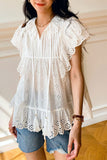 namcoverse White Embroidered Lace Ruffles Sleeve Top