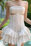 namcoverse White Jacquard Cutout Ruffle Dress