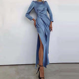 Namcoverse Long Sleeve Slit Hem Skinny O Neck Solid Color Party Maxi Dress