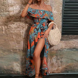 Namcoverse Trendy Holiday Ruffle Print Slant Neck Vintage Loose Off Shoulder Lace Up Boho Maxi Dress