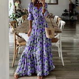 Namcoverse Fashion Casual Retro V Neck High Waist Summer Bohemian Tie Maxi Dress