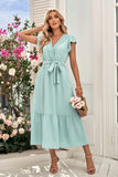 Namcoverse New Women's Dress Solid Color Belt V-Neck Sweet Elegant Maxi Dress