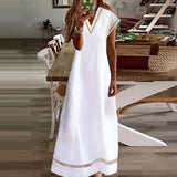 Namcoverse Women's Tank Top V Neck Solid Color Cotton Linen Lace Casual Fashion Maxi Dress