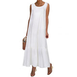 Namcoverse Fashion Loose Retro Solid Color Sleeveless O Neck Pleated Tank Maxi Dress