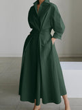 Namcoverse Summer Women's Fashion Solid Color Retro Lapel Shirt Long Sleeve Swing Maxi Dress