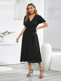 Namcoverse Summer V-neck Puff Sleeve Pleated Pure Color Slim Midi Dress