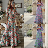 Namcoverse Elegant Bohemian Print V-Neck Long Sleeve Tie Fashion Maxi Dress