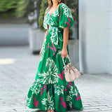 Namcoverse Temperament Print V Neck Bubble Sleeve Pleated Waist Tucked Big Swing Maxi Dress