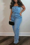 namcoverse Solid Color Stylish Bandeau Denim Jumpsuit