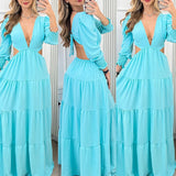 Namcoverse Summer Pure Color Temperament Elegant Sexy V Neck Hollow Maxi Dress