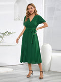 Namcoverse Summer V-neck Puff Sleeve Pleated Pure Color Slim Midi Dress