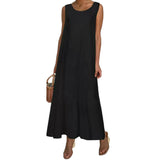 Namcoverse Fashion Loose Retro Solid Color Sleeveless O Neck Pleated Tank Maxi Dress