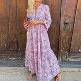 Namcoverse Fashion Office Floral Print V Neck Loose Party Summer Beach Maxi Dress