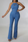 namcoverse Solid Color Cutout Feminine Denim Jumpsuit