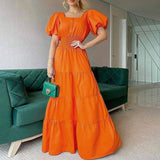 Namcoverse Fashion Solid Color Elegant Button Summer Bohemian Puff Sleeve Beach Party Maxi Dress