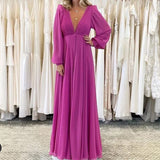 Namcoverse Sexy Deep V Neck Pleated Elegant Solid Color Fashion Loose Maxi Dress