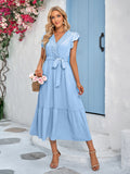 Namcoverse New Women's Dress Solid Color Belt V-Neck Sweet Elegant Maxi Dress