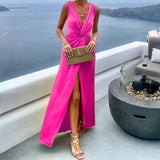 Namcoverse Summer Fashion Solid Color V Neck Slit Sleeveless Casual Maxi Dress