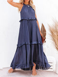 Namcoverse Women's Slant Collar Solid Color Casual Loose Ruffle Beach Party Elegant Maxi Dress