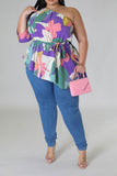 namcoverse Floral Print Urban Asymmetric Belted Blouse