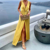 Namcoverse Summer Fashion Solid Color V Neck Slit Sleeveless Casual Maxi Dress