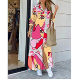 Namcoverse Women's Fashion Single Breasted Lapel Printed Bohemian Shirt Maxi Dress