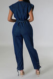 namcoverse Solid Color On-trend Strappy Belted Denim Jumpsuit