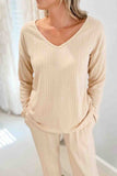 namcoverse V Neck Ribbed Long Sleeve Two-Piece Set