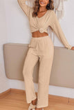 namcoverse V Neck Ribbed Long Sleeve Two-Piece Set