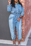 namcoverse Color Block Feminine Pocket Denim Jumpsuit