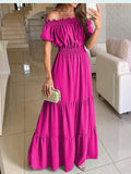 Namcoverse Women's Slant Collar Solid Color Casual Loose Ruffle Beach Party Elegant Maxi Dress