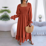 Namcoverse Fashion Casual Solid Color Square Neck Ruffles Long Dress