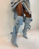 namcoverse Buckled Design Punk Pointed Toe Denim Boots