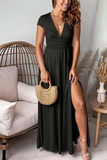 Namcoverse Elegant Party Short Sleeve V Neck Slit Maxi Dress