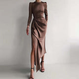 Namcoverse Long Sleeve Slit Hem Skinny O Neck Solid Color Party Maxi Dress