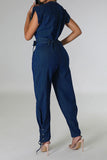 namcoverse Solid Color On-trend Strappy Belted Denim Jumpsuit