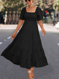 Namcoverse Elegant Fashion Square Neck Short Puff Sleeve Casual Maxi Dress