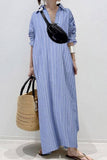 Namcoverse Summer Fashion Lapel Temperament Striped Loose Cotton Linen Cardigan Shirt Maxi Dress