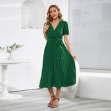 Namcoverse Summer V-neck Puff Sleeve Pleated Pure Color Slim Midi Dress